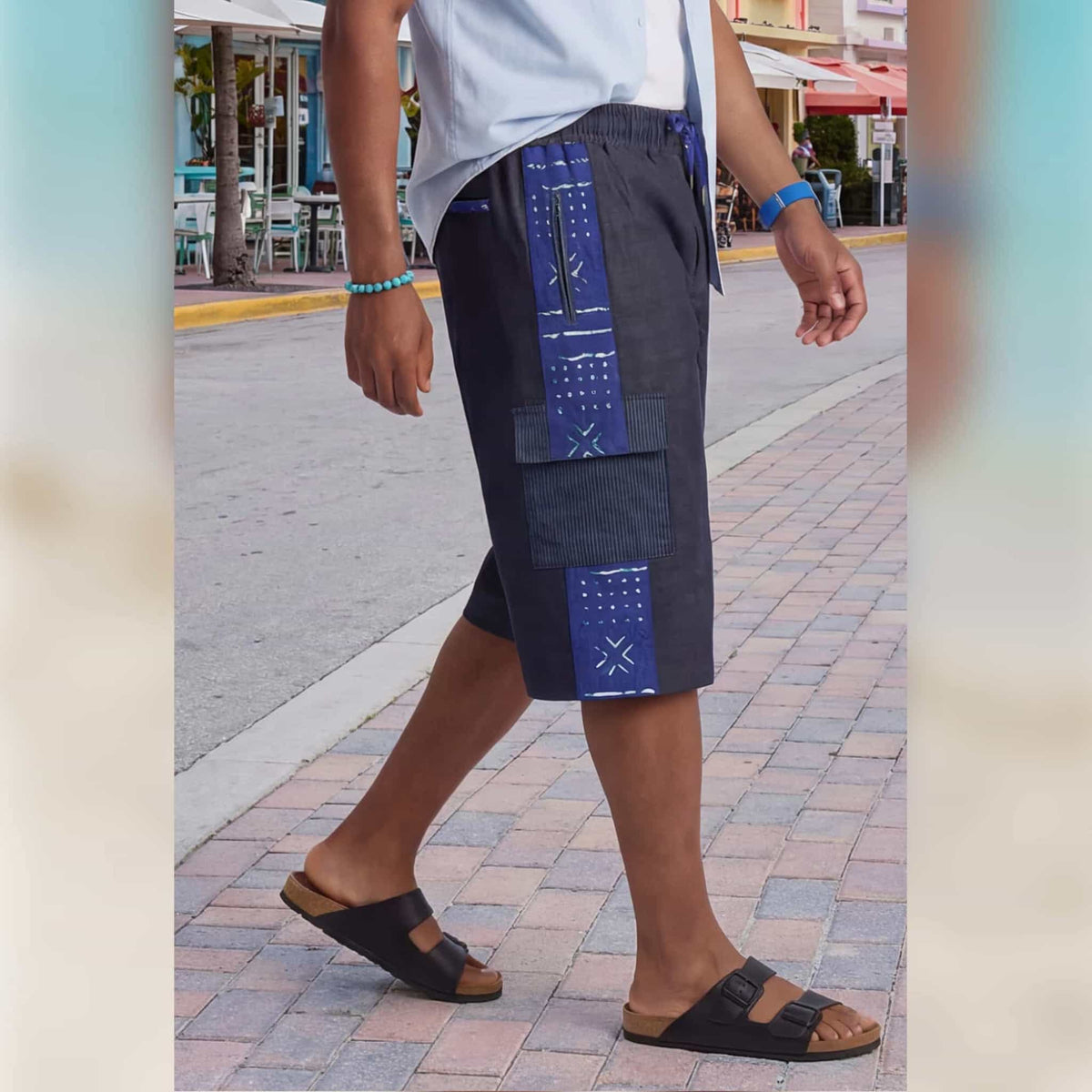 African Wax Print Baggy Cargo Shorts, Denim Cotton Bottoms, Men’s Patchwork Pant