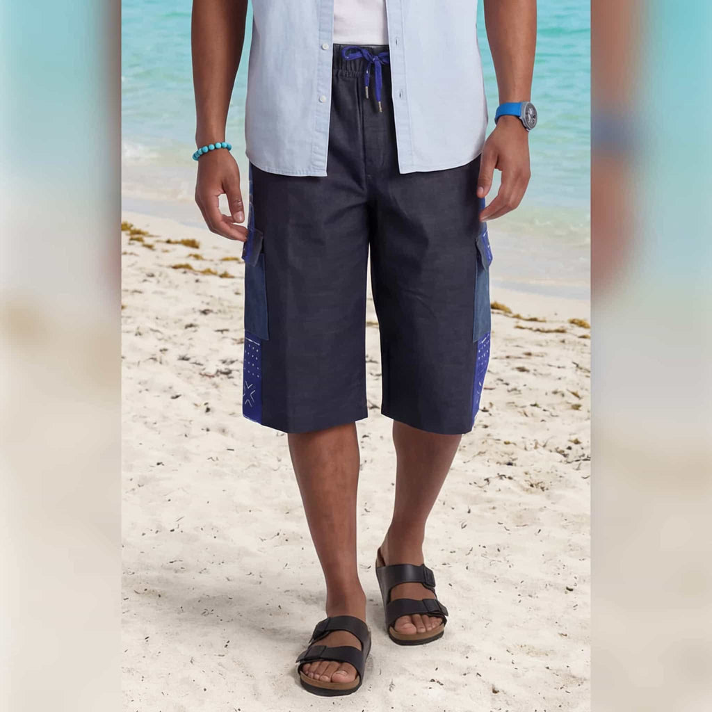 African Wax Print Baggy Cargo Shorts, Denim Cotton Bottoms, Men’s Patchwork Pant