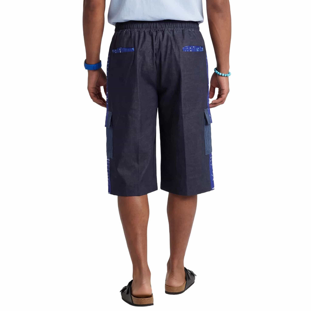 African Wax Print Baggy Cargo Shorts, Denim Cotton Bottoms, Men’s Patchwork Pant