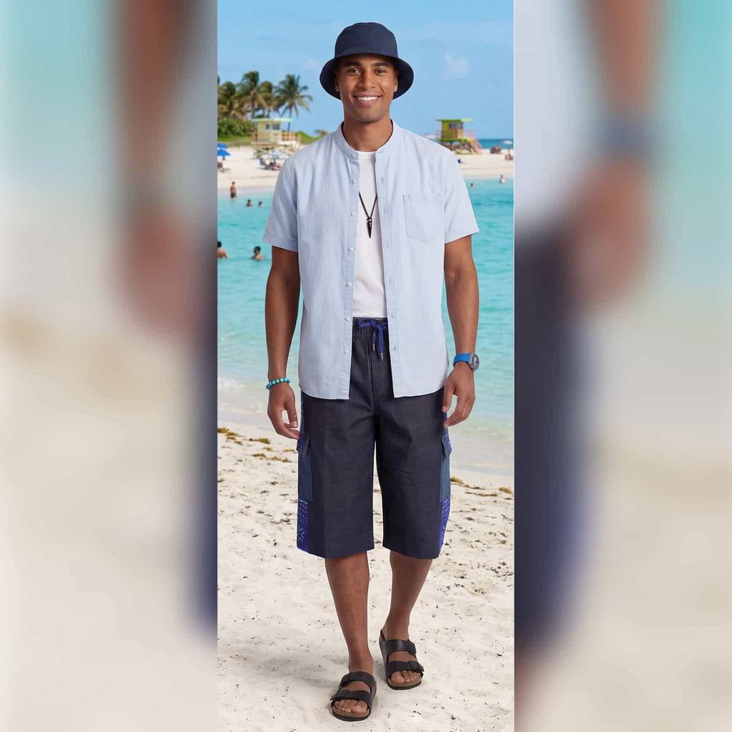 African Wax Print Baggy Cargo Shorts, Denim Cotton Bottoms, Men’s Patchwork Pant