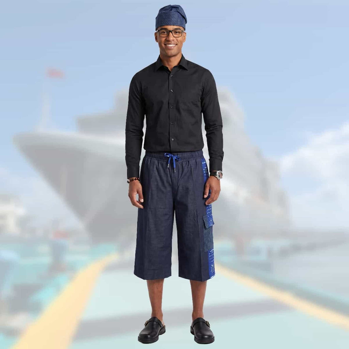 African Wax Print Baggy Cargo Shorts, Denim Cotton Bottoms, Men’s Patchwork Pant