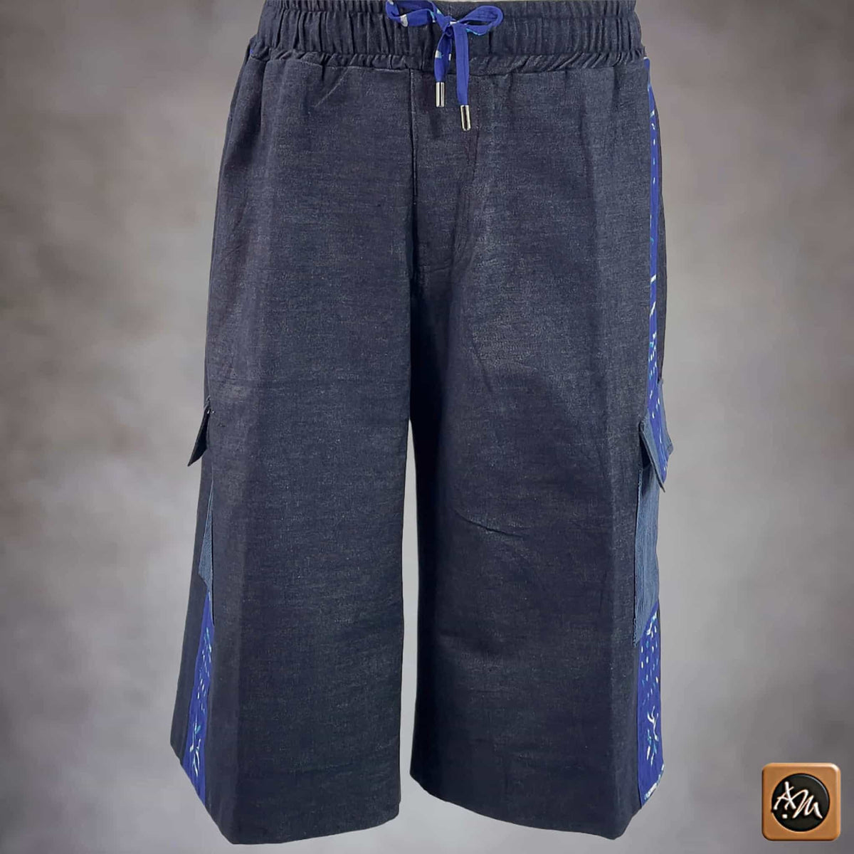African Wax Print Baggy Cargo Shorts, Denim Cotton Bottoms, Men’s Patchwork Pant