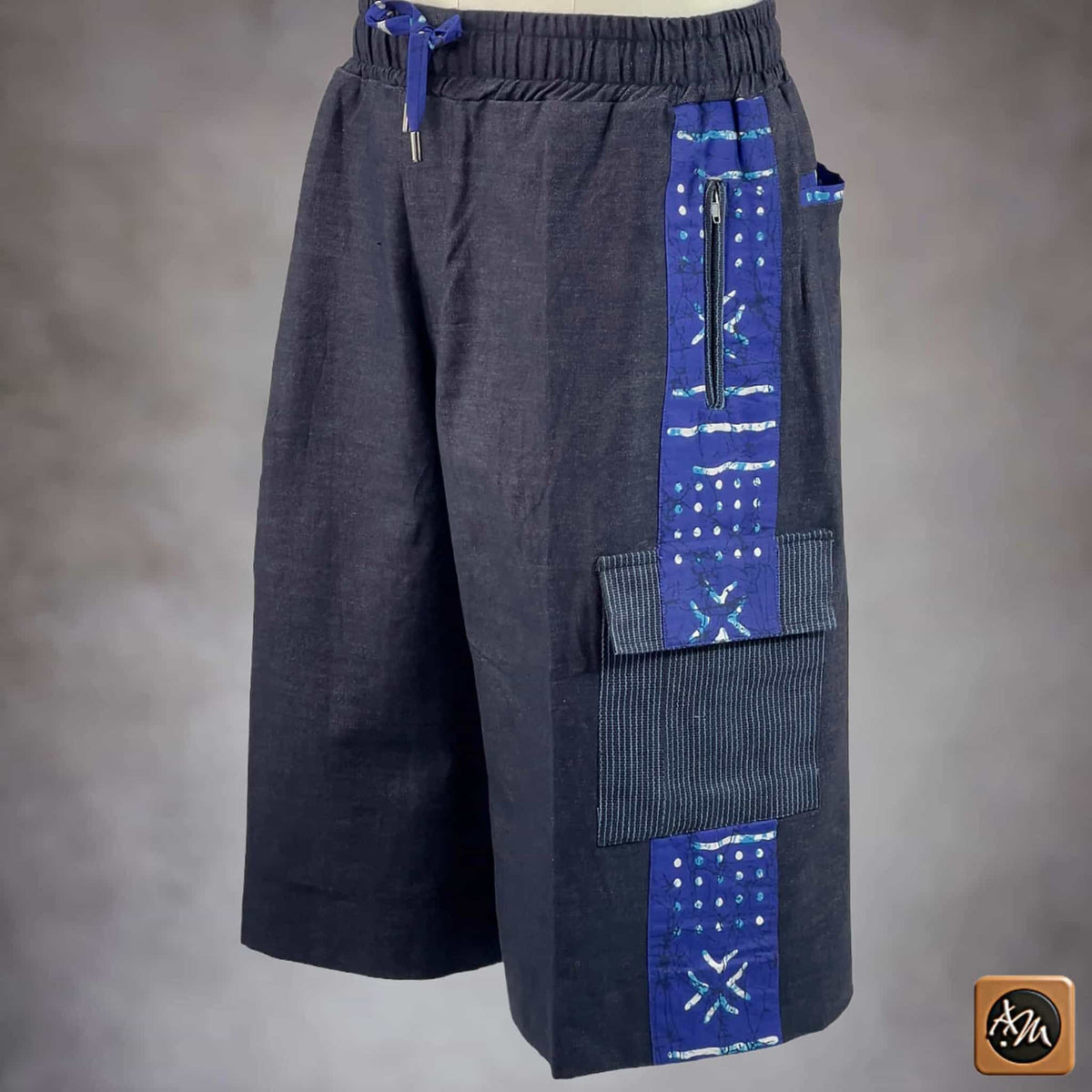 African Wax Print Baggy Cargo Shorts, Denim Cotton Bottoms, Men’s Patchwork Pant