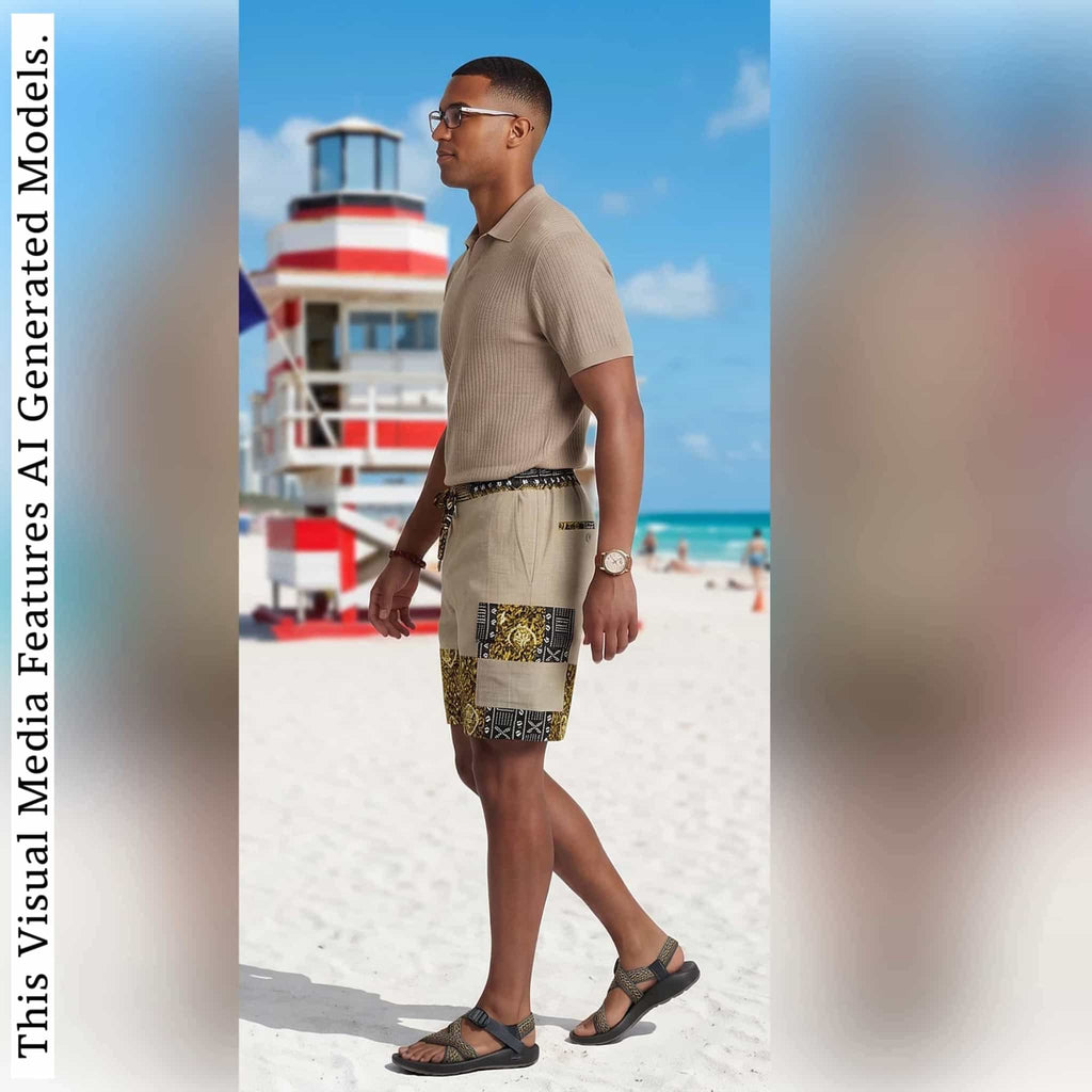African Wax Print Linen Men's Cargo Shorts, Tribal Patchwork Beach Trunks