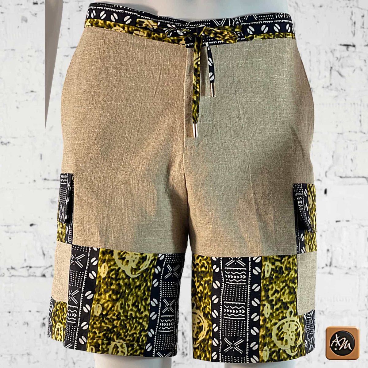 African Wax Print Linen Men's Cargo Shorts, Tribal Patchwork Beach Trunks