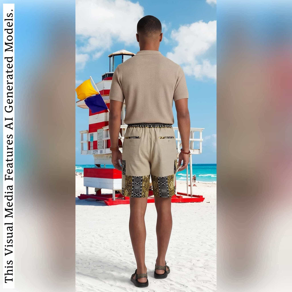 African Wax Print Linen Men's Cargo Shorts, Tribal Patchwork Beach Trunks