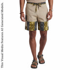 African Wax Print Linen Men's Cargo Shorts, Tribal Patchwork Beach Trunks