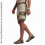 African Wax Print Linen Men's Cargo Shorts, Tribal Patchwork Beach Trunks