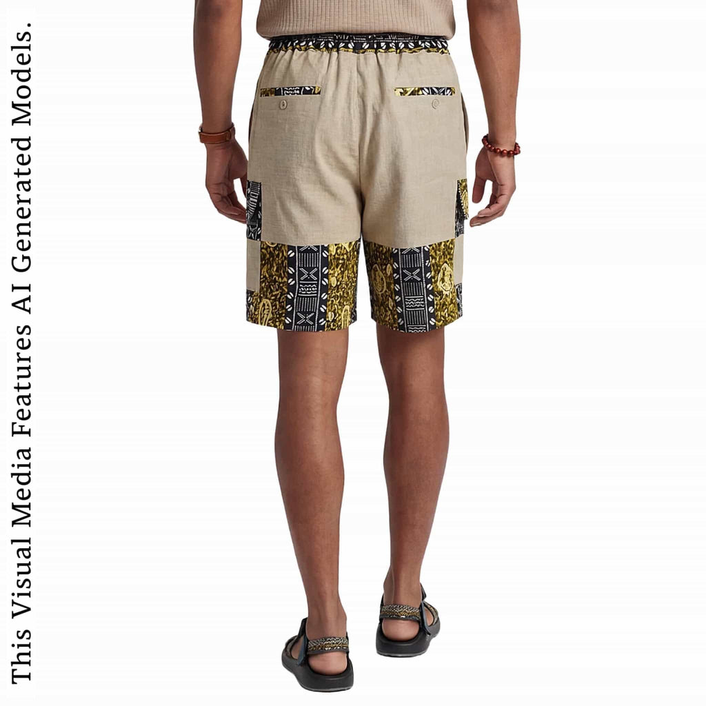 African Wax Print Linen Men's Cargo Shorts, Tribal Patchwork Beach Trunks