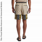 African Wax Print Linen Men's Cargo Shorts, Tribal Patchwork Beach Trunks
