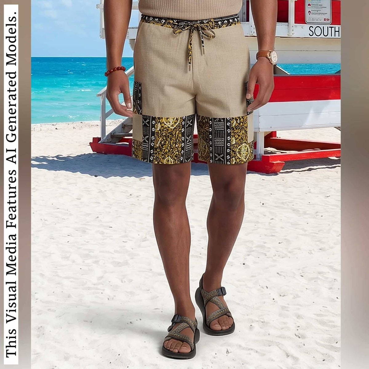 African Wax Print Linen Men's Cargo Shorts, Tribal Patchwork Beach Trunks