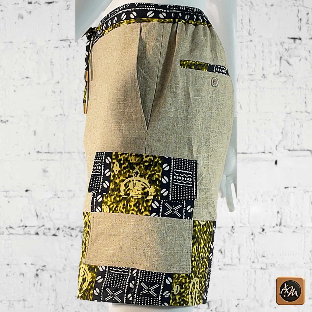 African Wax Print Linen Men's Cargo Shorts, Tribal Patchwork Beach Trunks