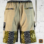 African Wax Print Linen Men's Cargo Shorts, Tribal Patchwork Beach Trunks