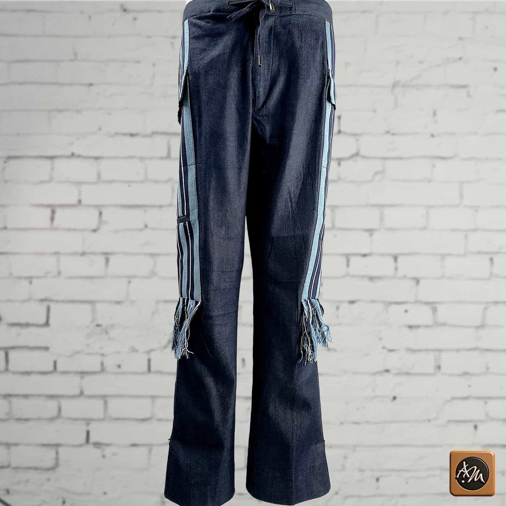 African Denim Patchwork, Heritage Striped Cargo, Wide Leg Tribal Fringe Pants, Festival Bottoms