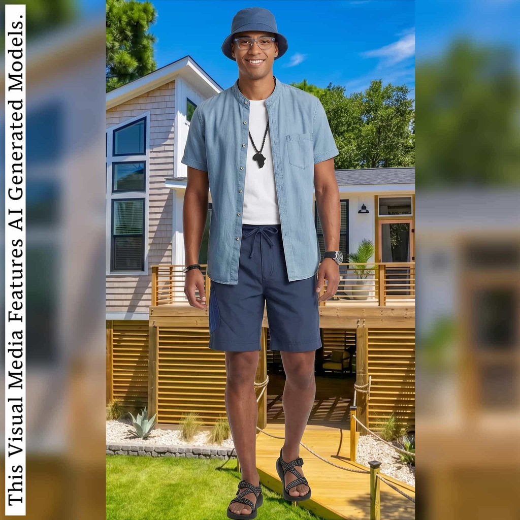 African Linen Men's One Pocket Cargo Shorts, Tribal Patchwork Beach Trunks