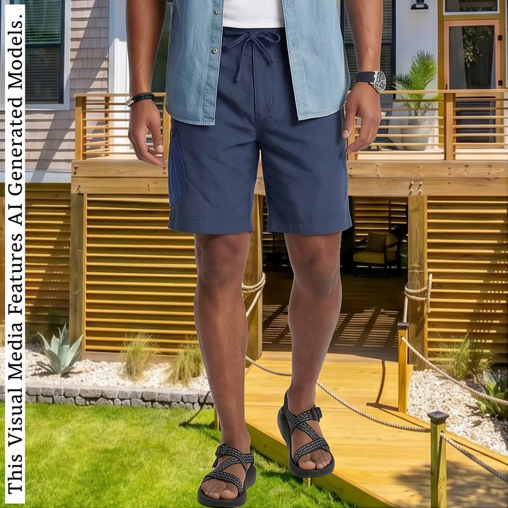 African Linen Men's One Pocket Cargo Shorts, Tribal Patchwork Beach Trunks