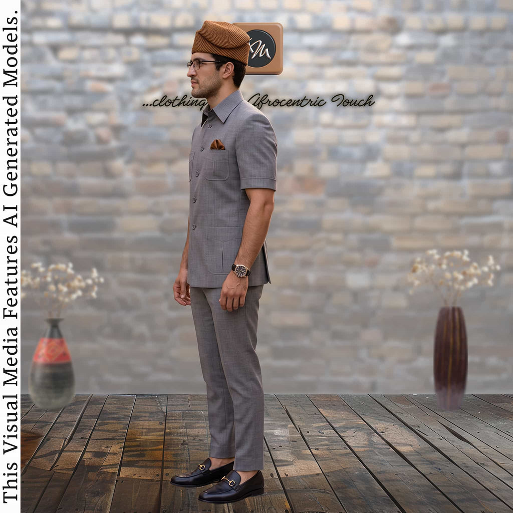 African Men's Safari Suit, Aso-Oke Wedding Jacket Pant Set, Custom Tailored with matching hat