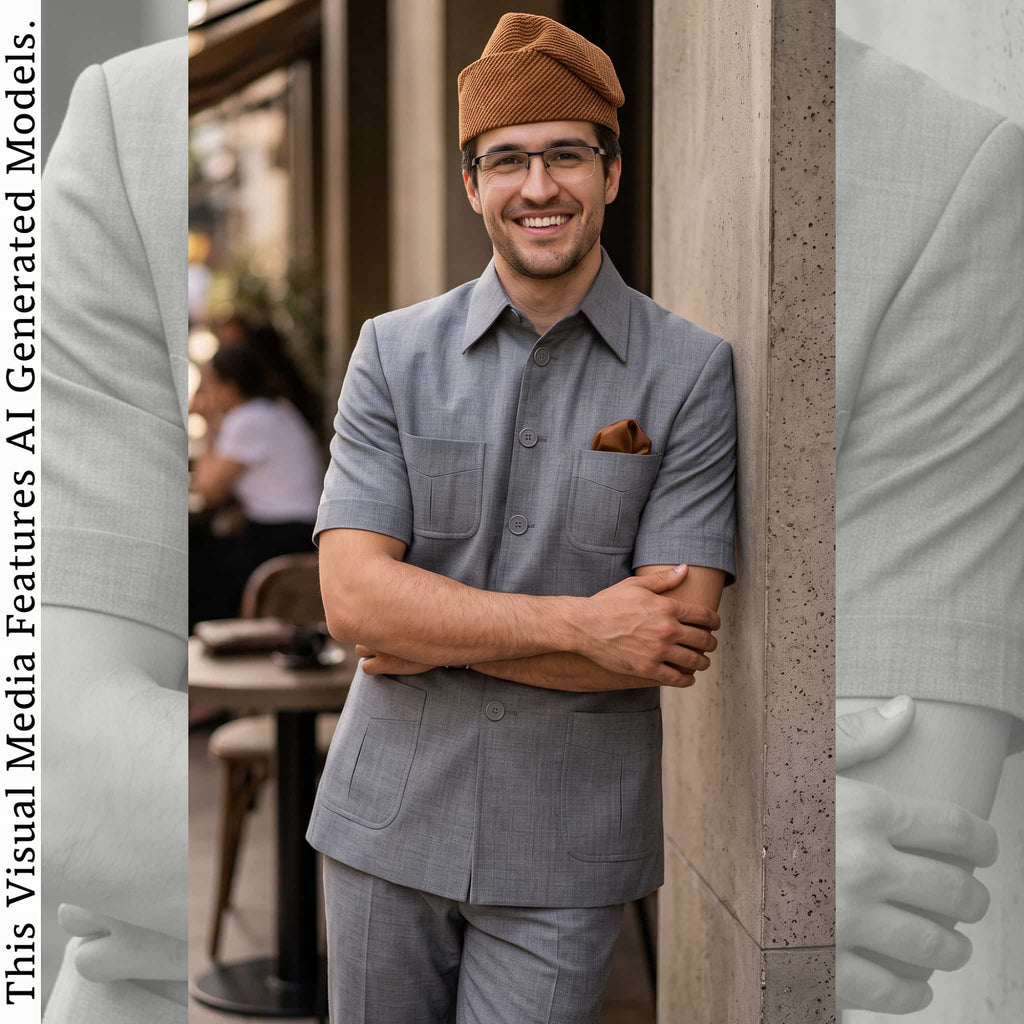 African Men's Safari Suit, Aso-Oke Wedding Jacket Pant Set, Custom Tailored with matching hat