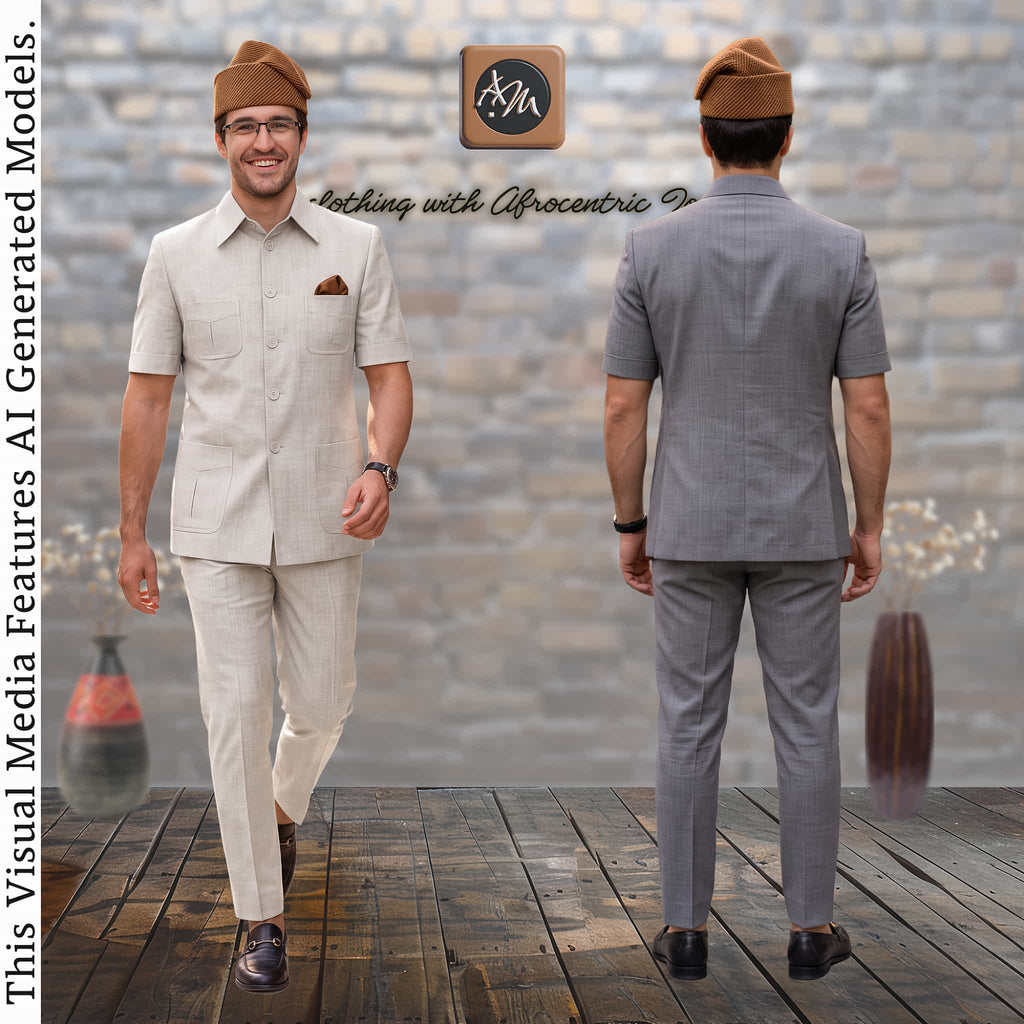 African Men's Safari Suit, Aso-Oke Wedding Jacket Pant Set, Custom Tailored with matching hat