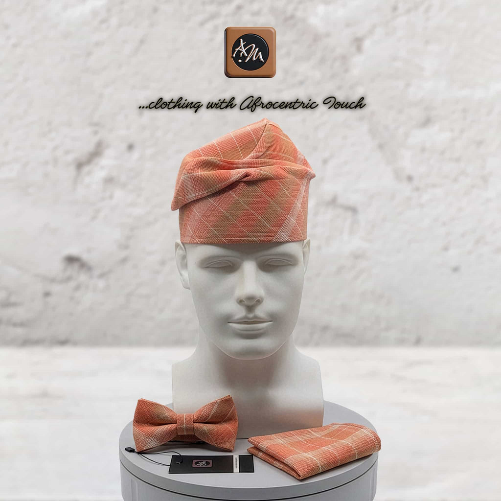 Handmade Aso Oke Mens Set, Bow Tie, Gobi Hat, Pocket Square (Wedding Groomsmen)