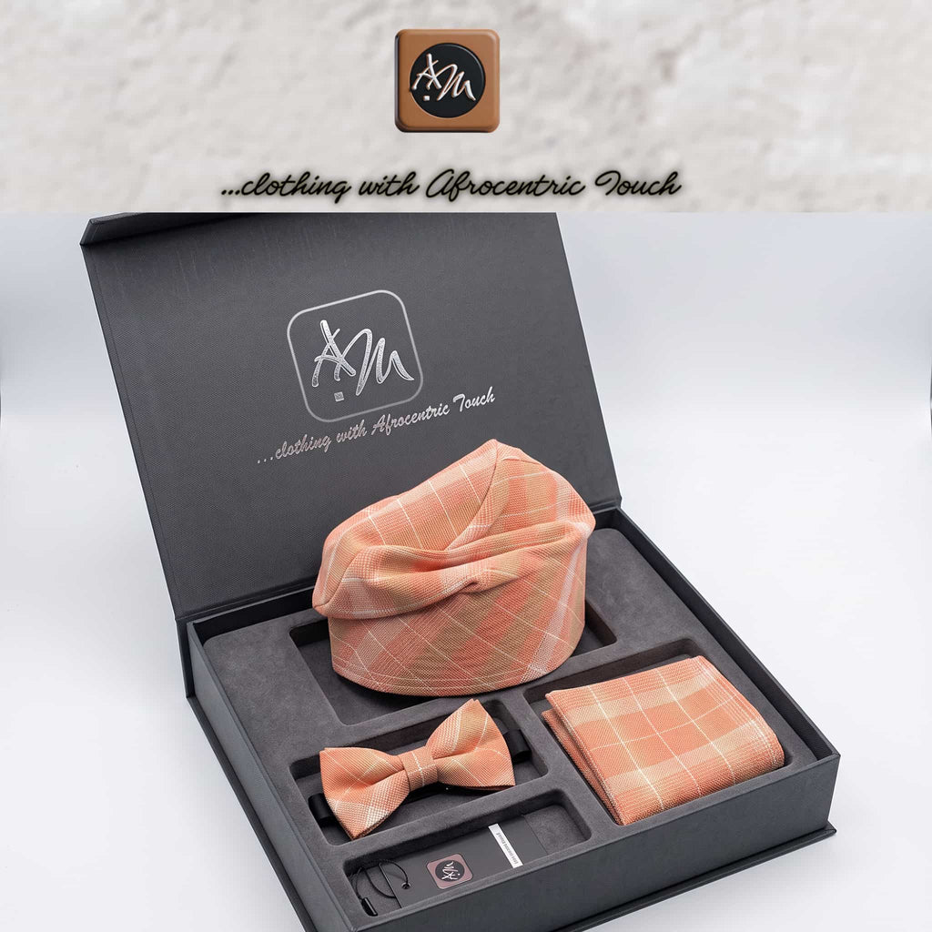Handmade Aso Oke Mens Set, Bow Tie, Gobi Hat, Pocket Square (Wedding Groomsmen)