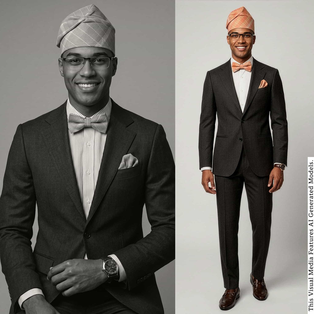 Handmade Aso Oke Mens Set, Bow Tie, Gobi Hat, Pocket Square (Wedding Groomsmen)