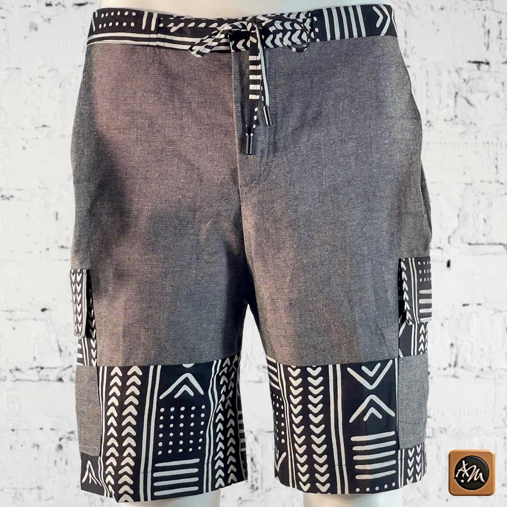African Wax Print Linen Cargo Shorts, Tribal Patchwork Beach Trunks