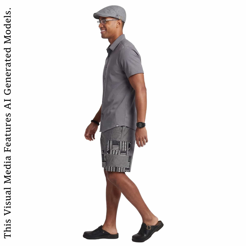 African Wax Print Linen Cargo Shorts, Tribal Patchwork Beach Trunks