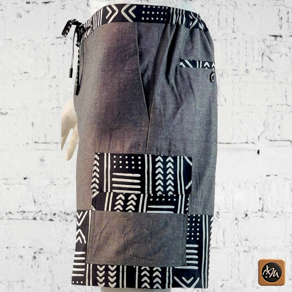 African Wax Print Linen Cargo Shorts, Tribal Patchwork Beach Trunks