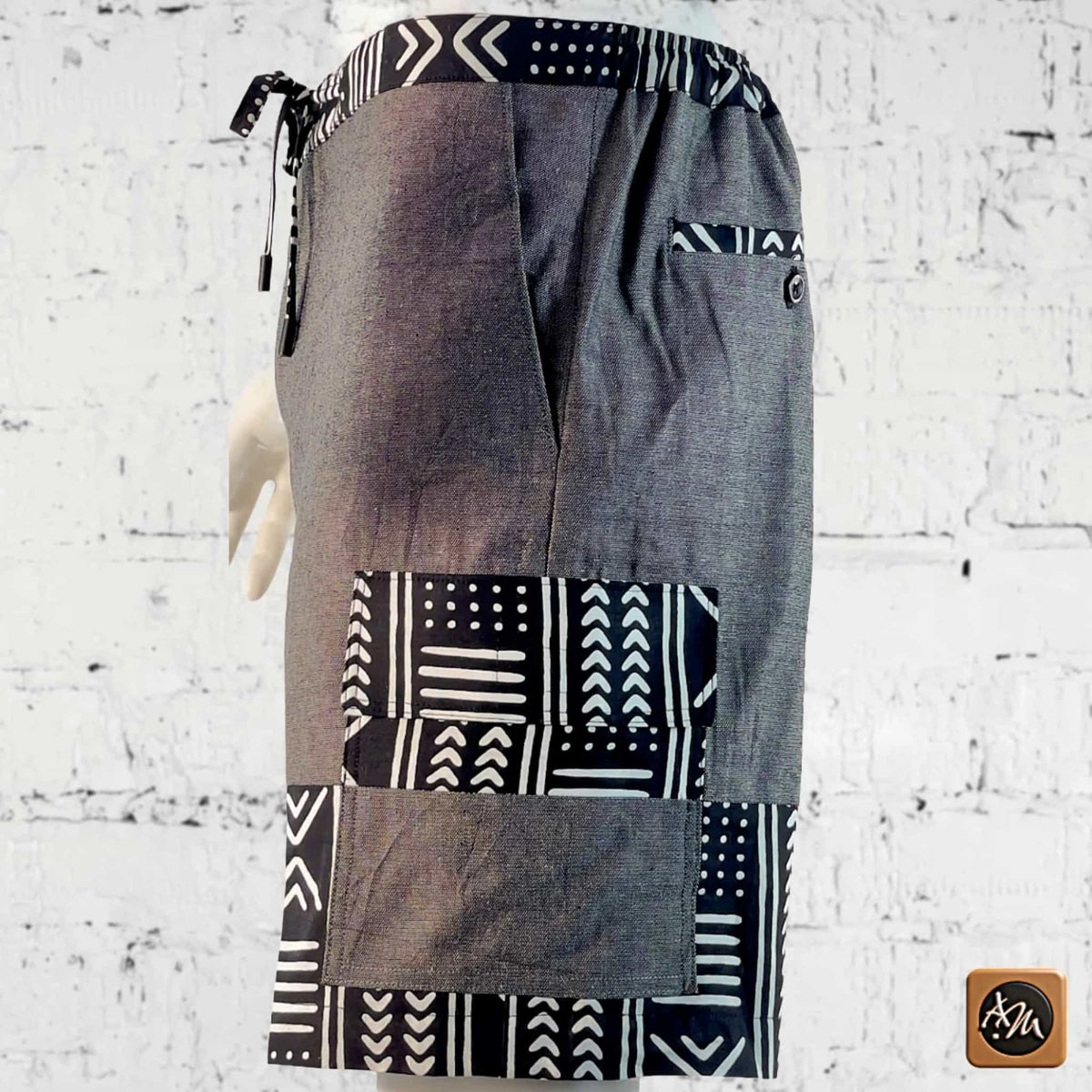 African Wax Print Linen Cargo Shorts, Tribal Patchwork Beach Trunks