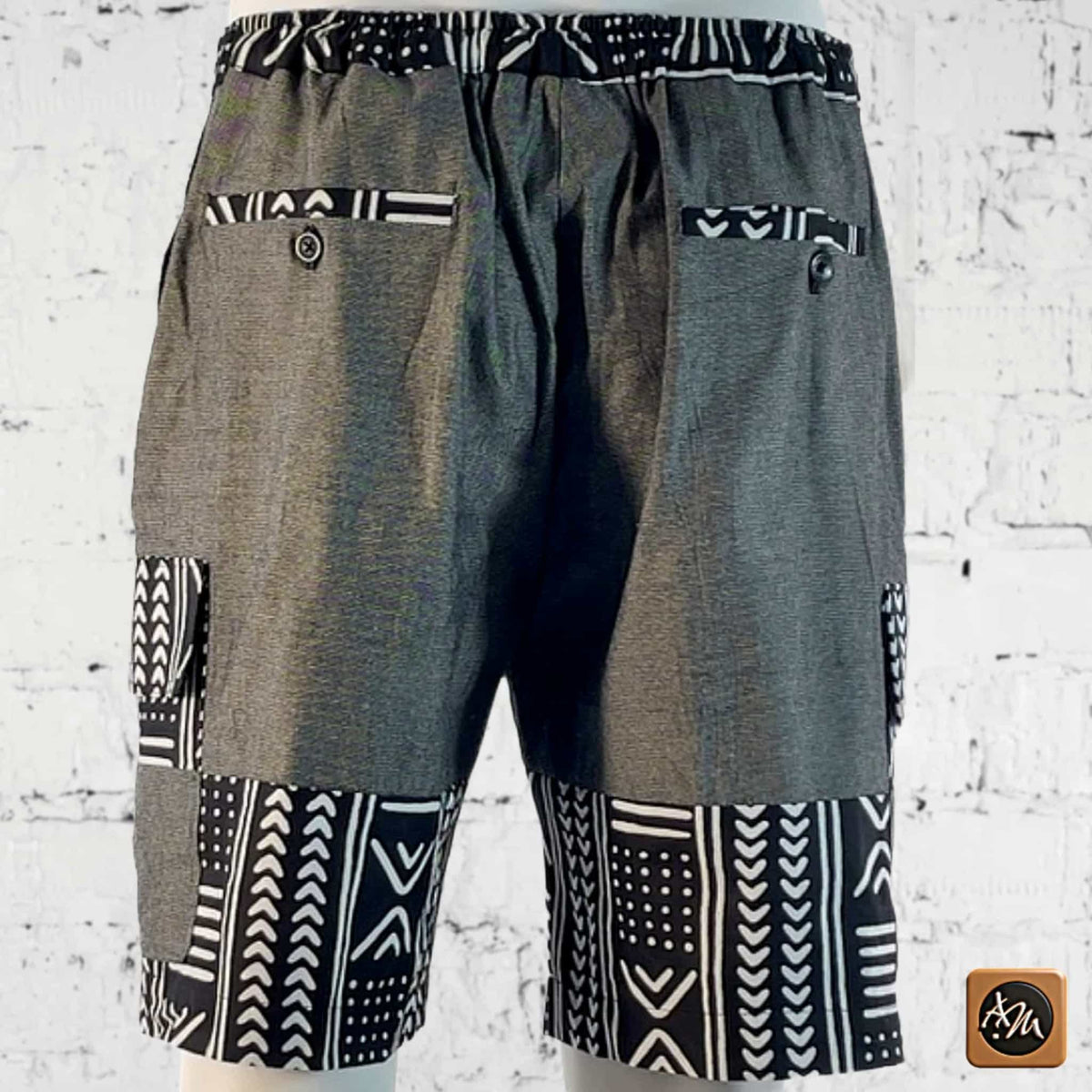 African Wax Print Linen Cargo Shorts, Tribal Patchwork Beach Trunks