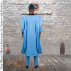 Blue Embroidered Agbada Men's 4-Piece Nigerian Boubou Robe, African Fila Cap