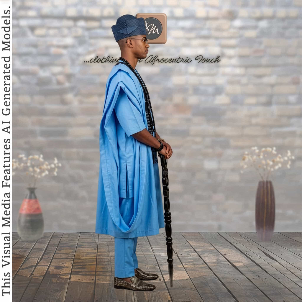 Blue Embroidered Agbada Men's 4-Piece Nigerian Boubou Robe, African Fila Cap