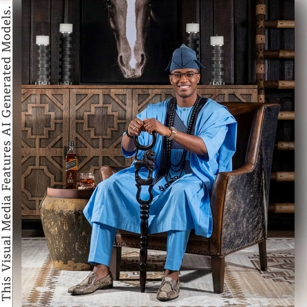 Blue Embroidered Agbada Men's 4-Piece Nigerian Boubou Robe, African Fila Cap