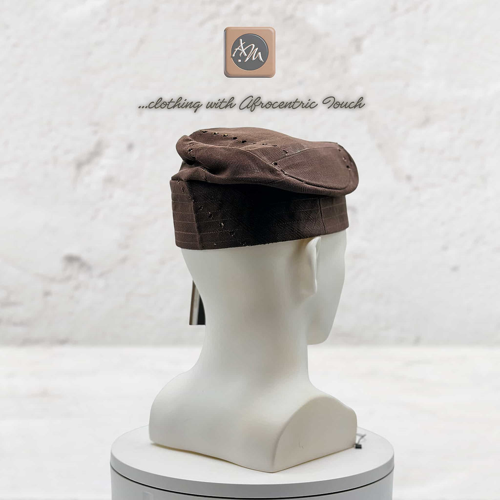 Handmade Aso Oke Fila Cap, Brown Woven Yoruba Gobi Hat, Traditional Nigerian Groom Headwear