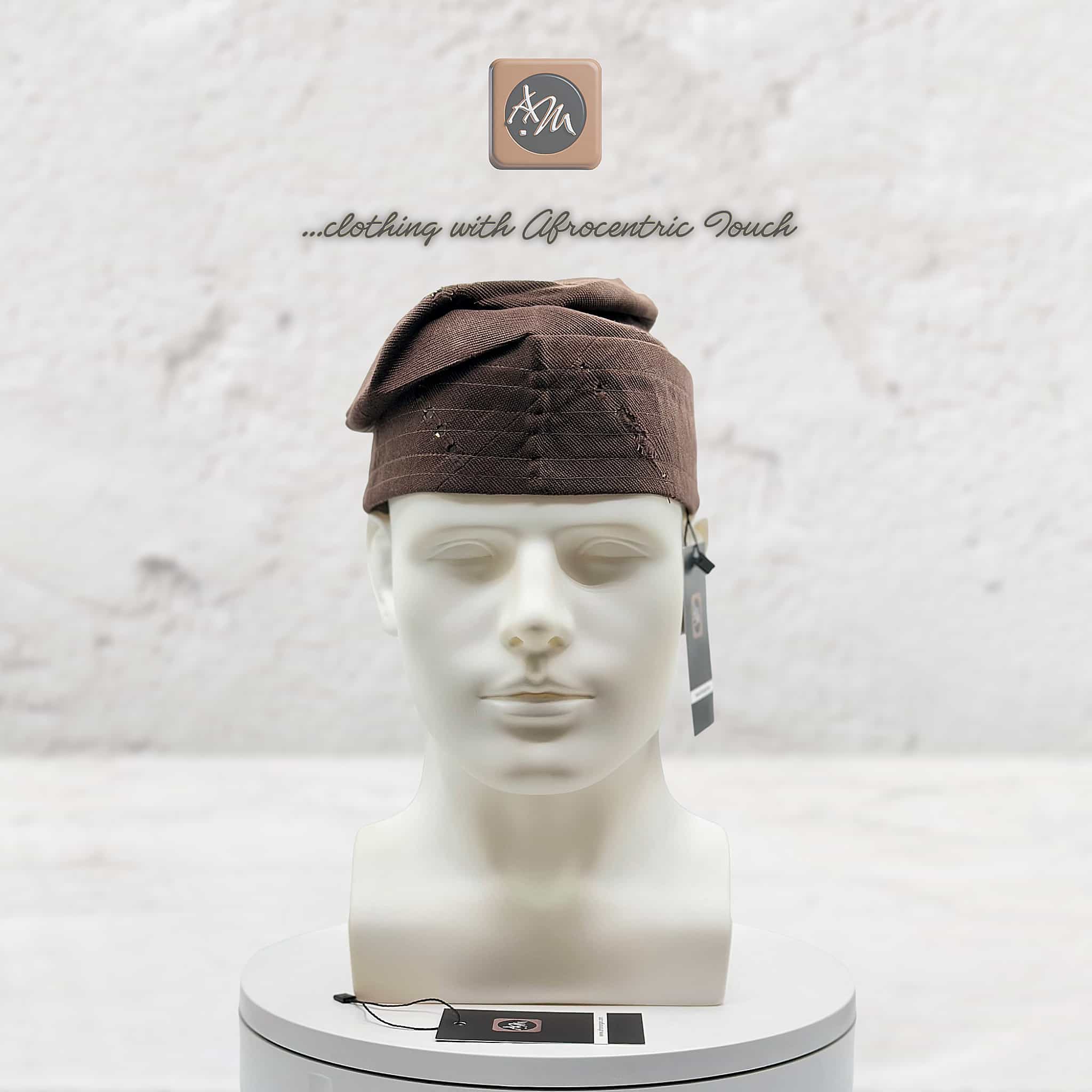 Handmade Aso Oke Fila Cap, Brown Woven Yoruba Gobi Hat, Traditional Nigerian Groom Headwear