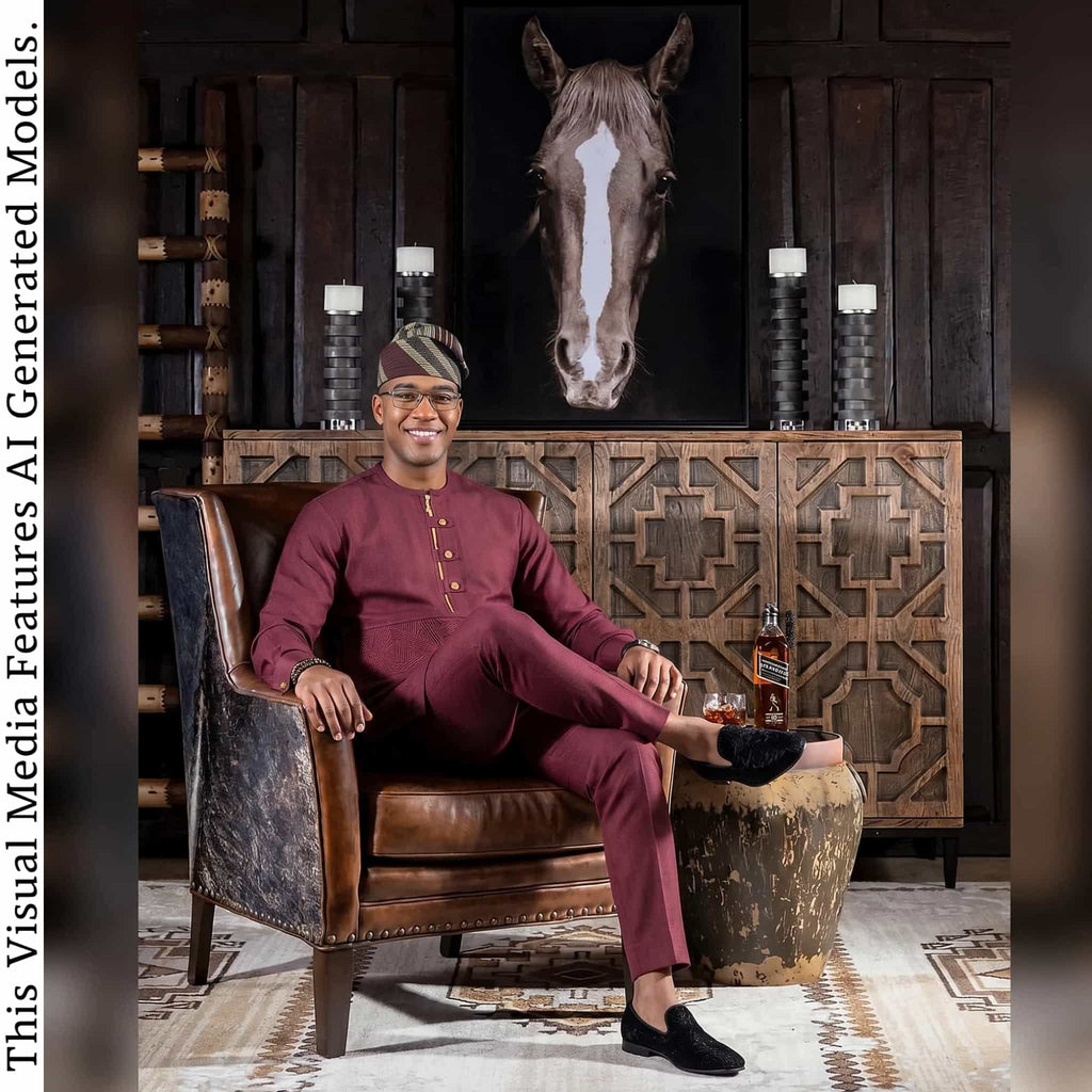 Burgundy African Senator Kaftan Set, Nigerian Wedding Attire