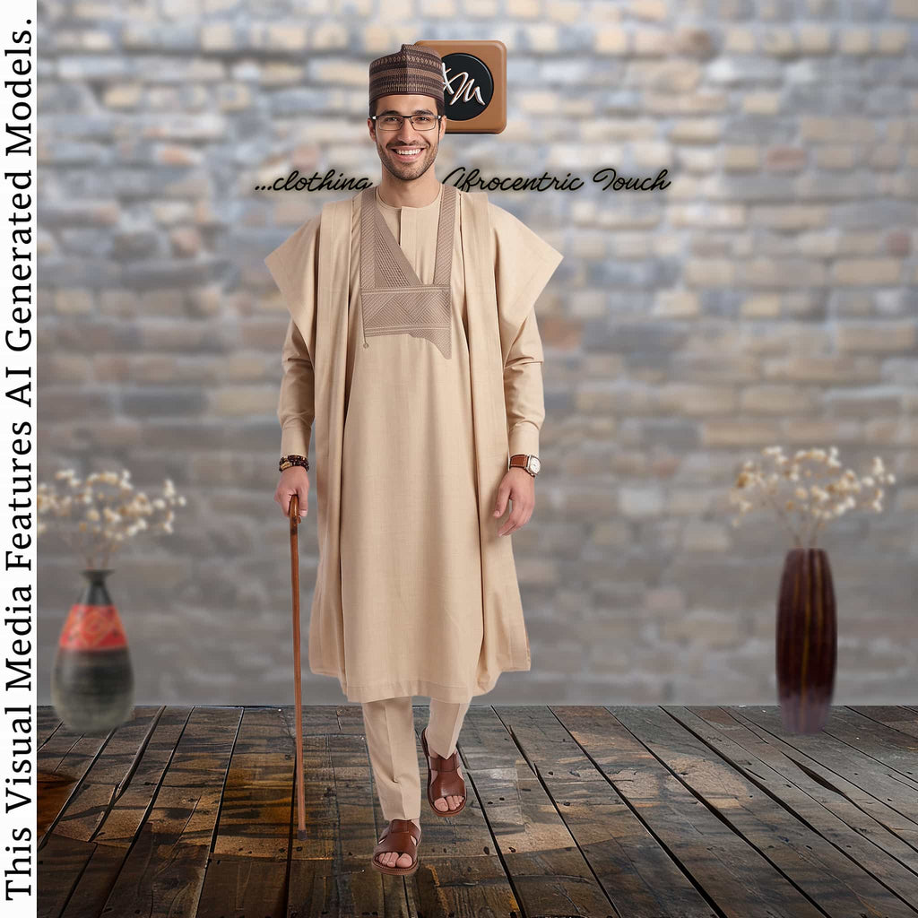 Champagne Kano Brocade Babariga, Embroidered Agbada, Nigerian African Father Attire, Three Piece Robe