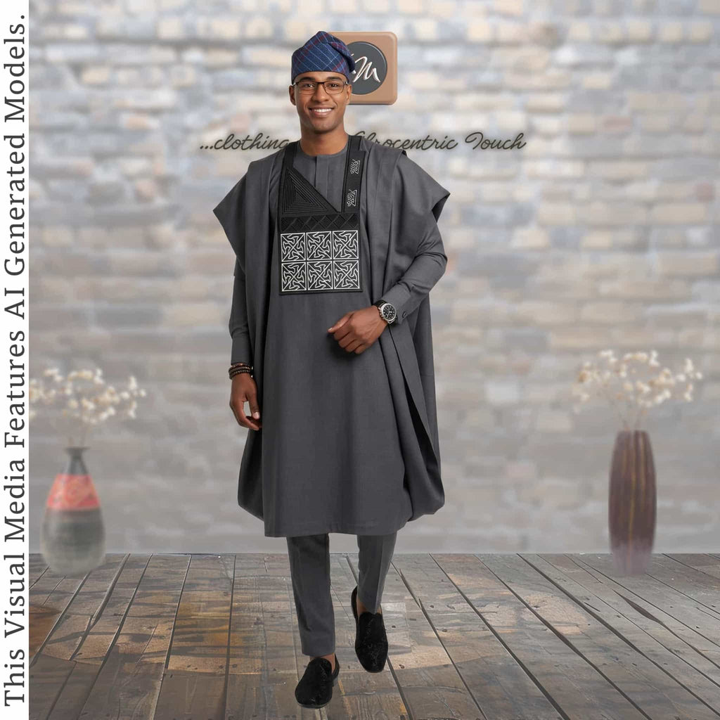 Charcoal Gray Embroidered Agbada, Nigerian African Wedding Attire, Three Piece Robe