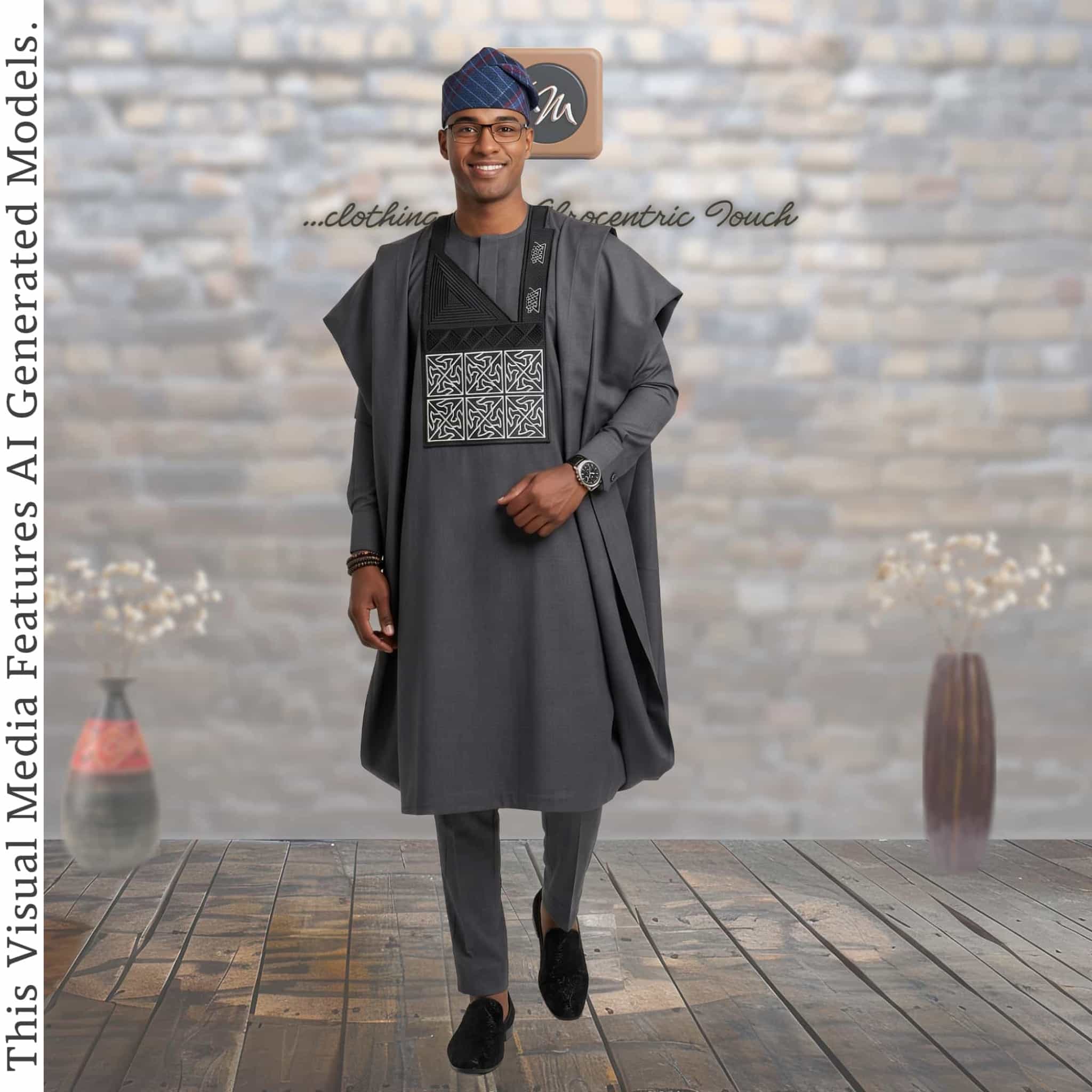 Charcoal Gray Embroidered Agbada, Nigerian African Wedding Attire, Three Piece Robe