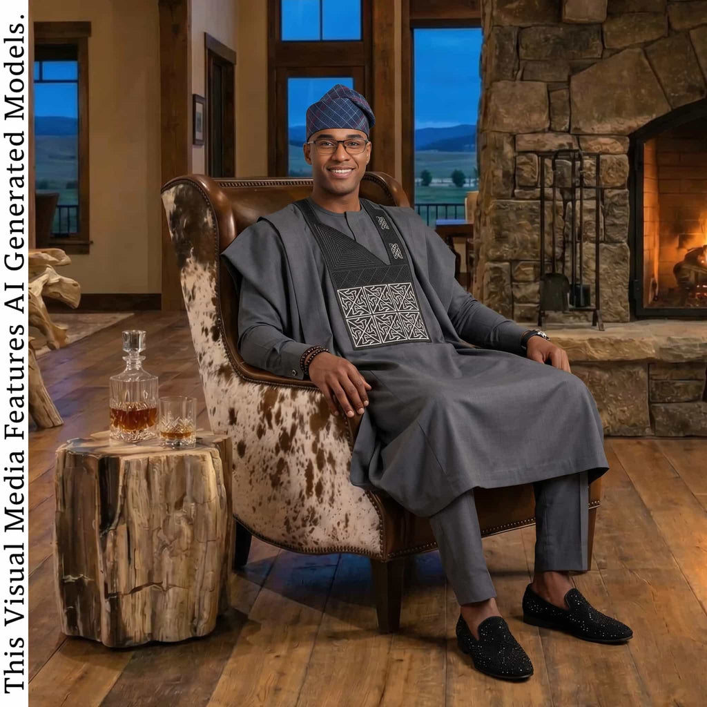 Charcoal Gray Embroidered Agbada, Nigerian African Wedding Attire, Three Piece Robe