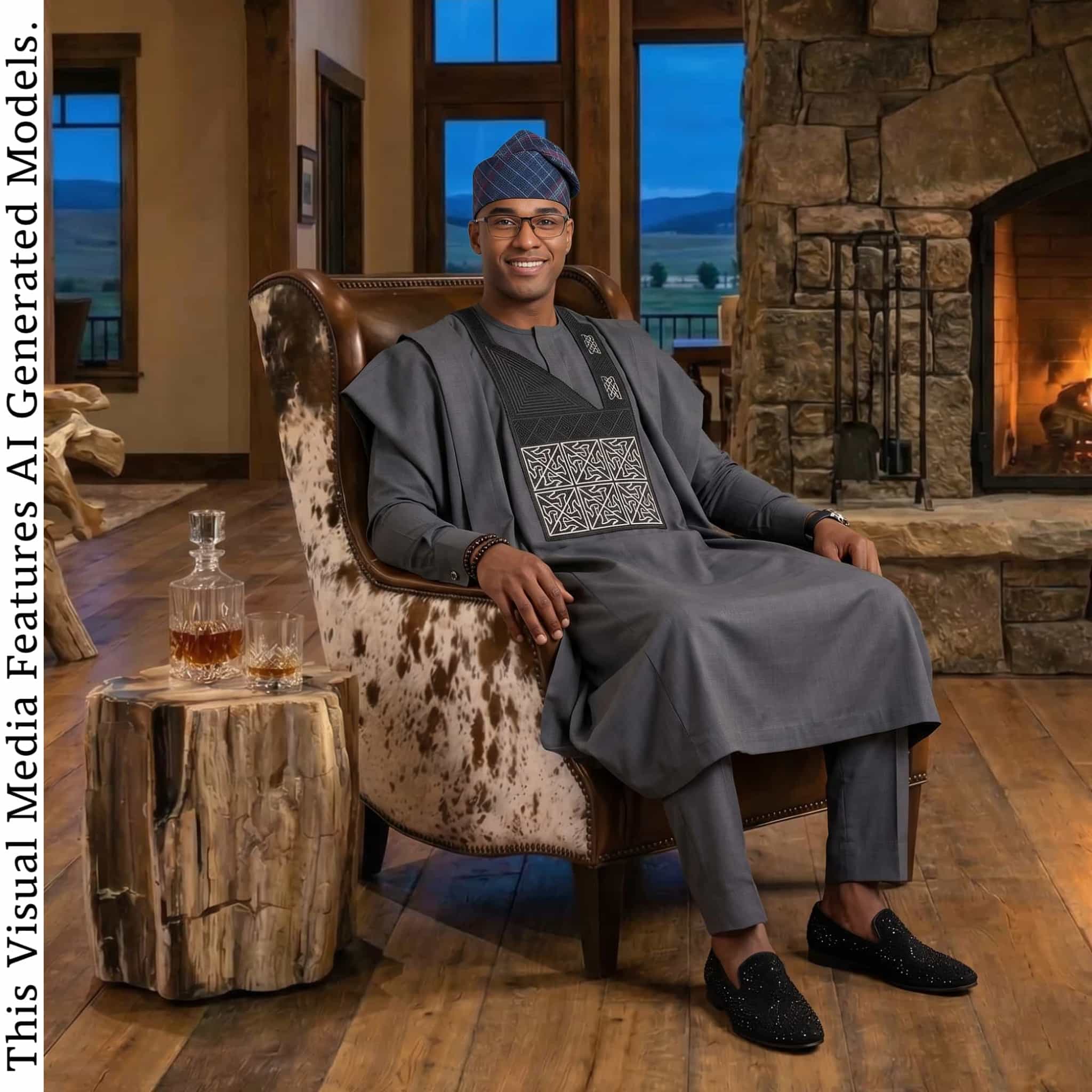 Charcoal Gray Embroidered Agbada, Nigerian African Wedding Attire, Three Piece Robe