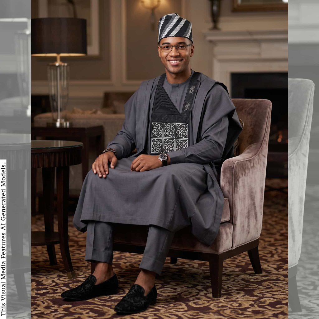 Charcoal Gray Embroidered Agbada, Nigerian African Wedding Attire