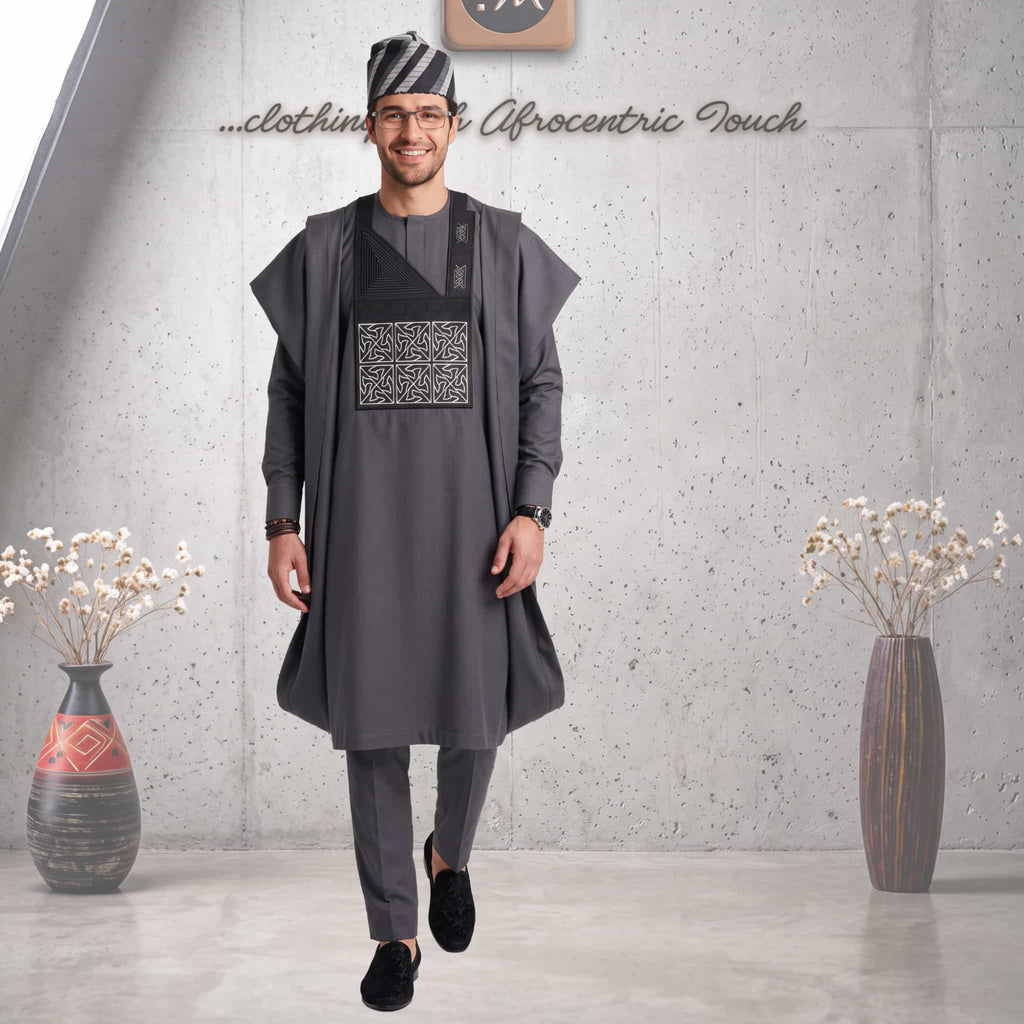 Charcoal Gray Embroidered Agbada, Nigerian African Wedding Attire