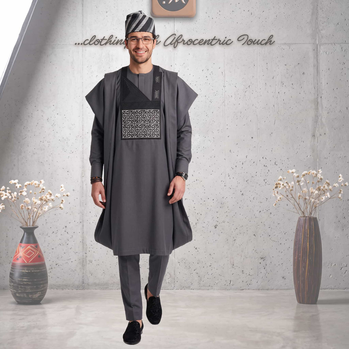Charcoal Gray Embroidered Agbada, Nigerian African Wedding Attire