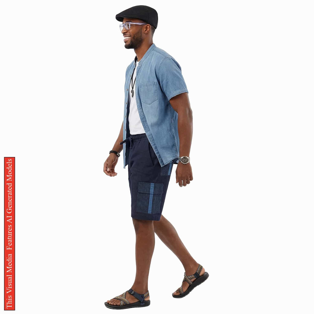 Men's African Patchwork Cargo Shorts, Indigo Denim Aso Oke Tribal Bottoms, Festival Pants