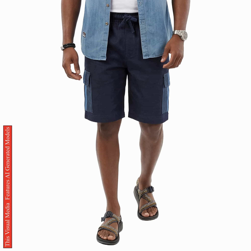 Men's African Patchwork Cargo Shorts, Indigo Denim Aso Oke Tribal Bottoms, Festival Pants