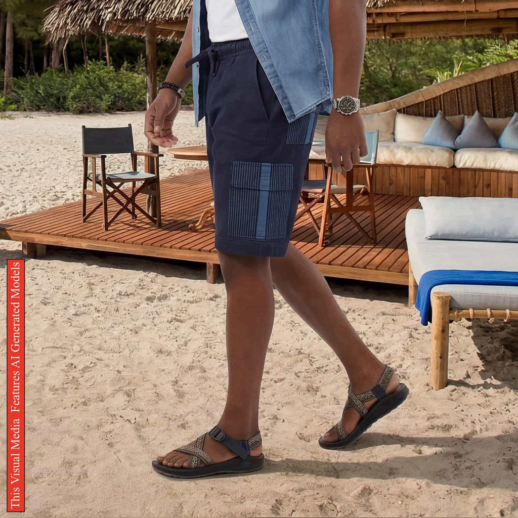 Men's African Patchwork Cargo Shorts, Indigo Denim Aso Oke Tribal Bottoms, Festival Pants