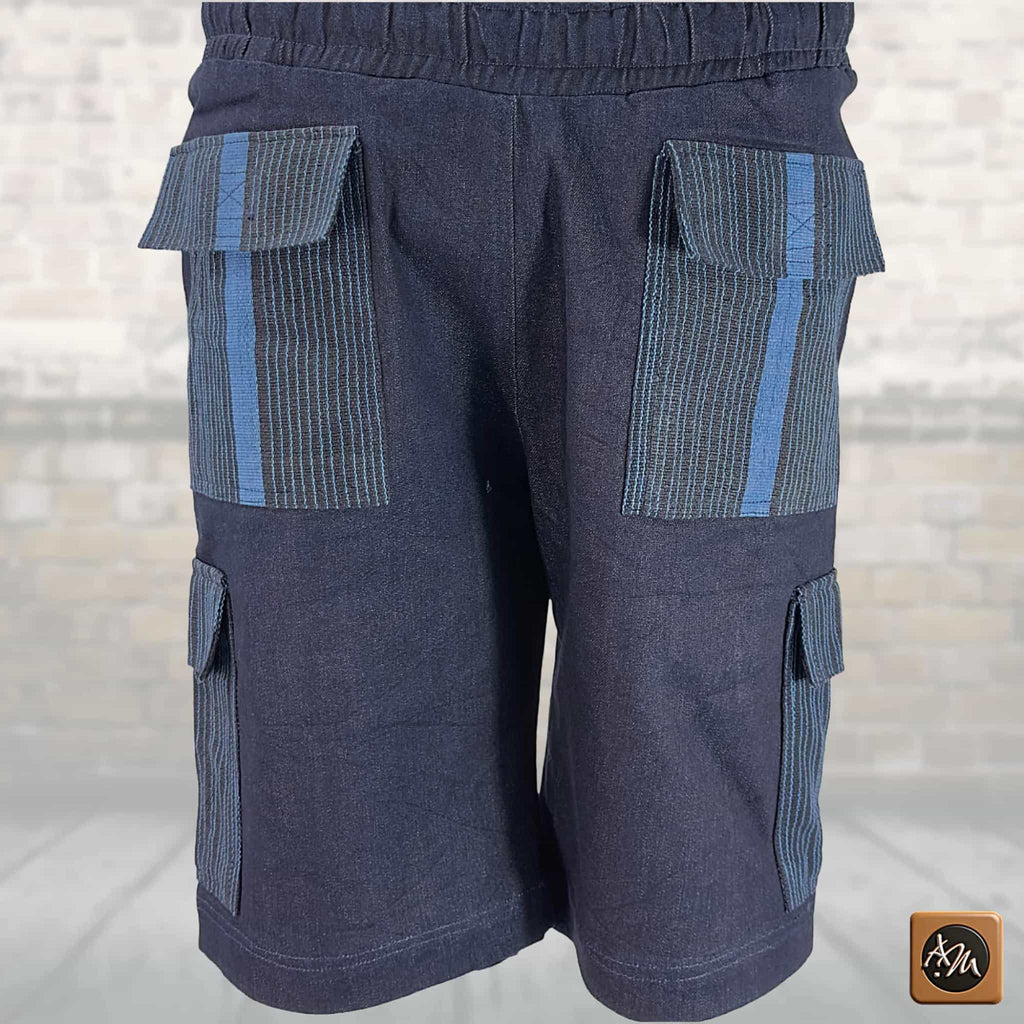 Men's African Patchwork Cargo Shorts, Indigo Denim Aso Oke Tribal Bottoms, Festival Pants