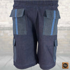 Men's African Patchwork Cargo Shorts, Indigo Denim Aso Oke Tribal Bottoms, Festival Pants